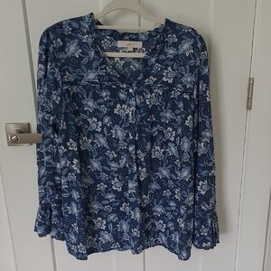 LOFT Navy Blue Floral Tie-Neck Long Sleeve Blouse